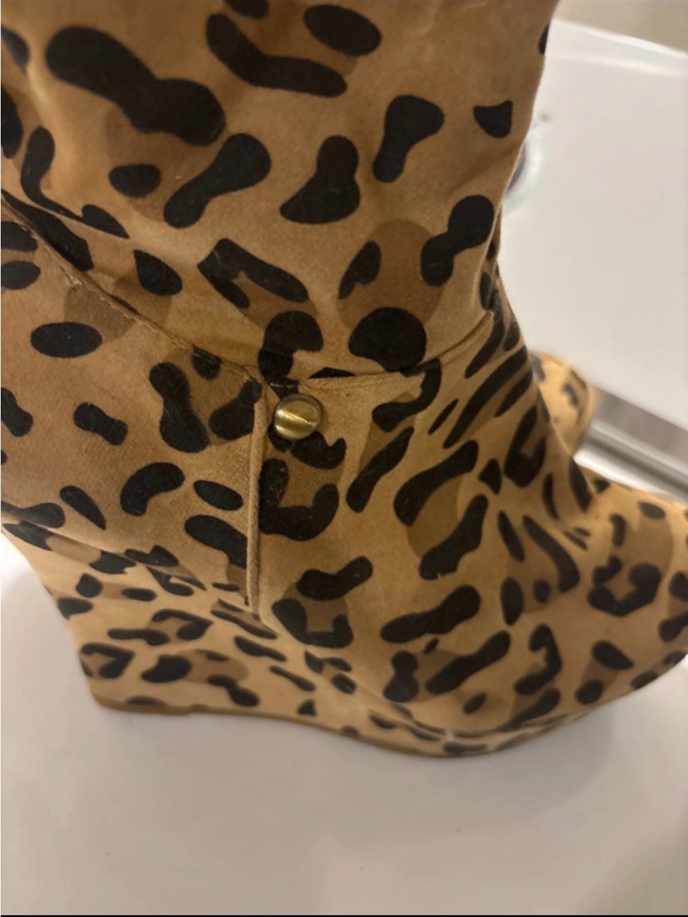 Leopard Print Wedge Boot - thigh high sexy Tan and Black Women's Wedges